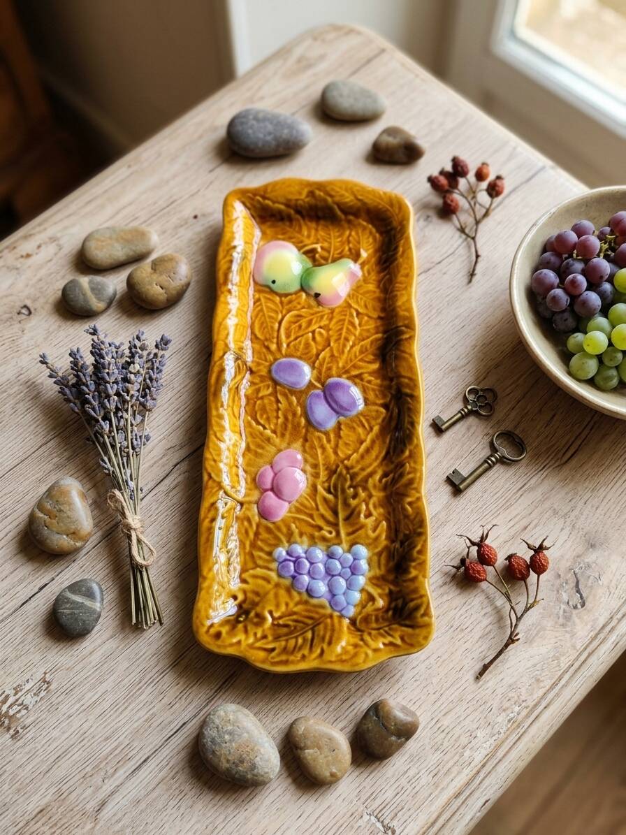 Vintage barbotine pocket dish from Salins les Bains, relief decoration of fruits.