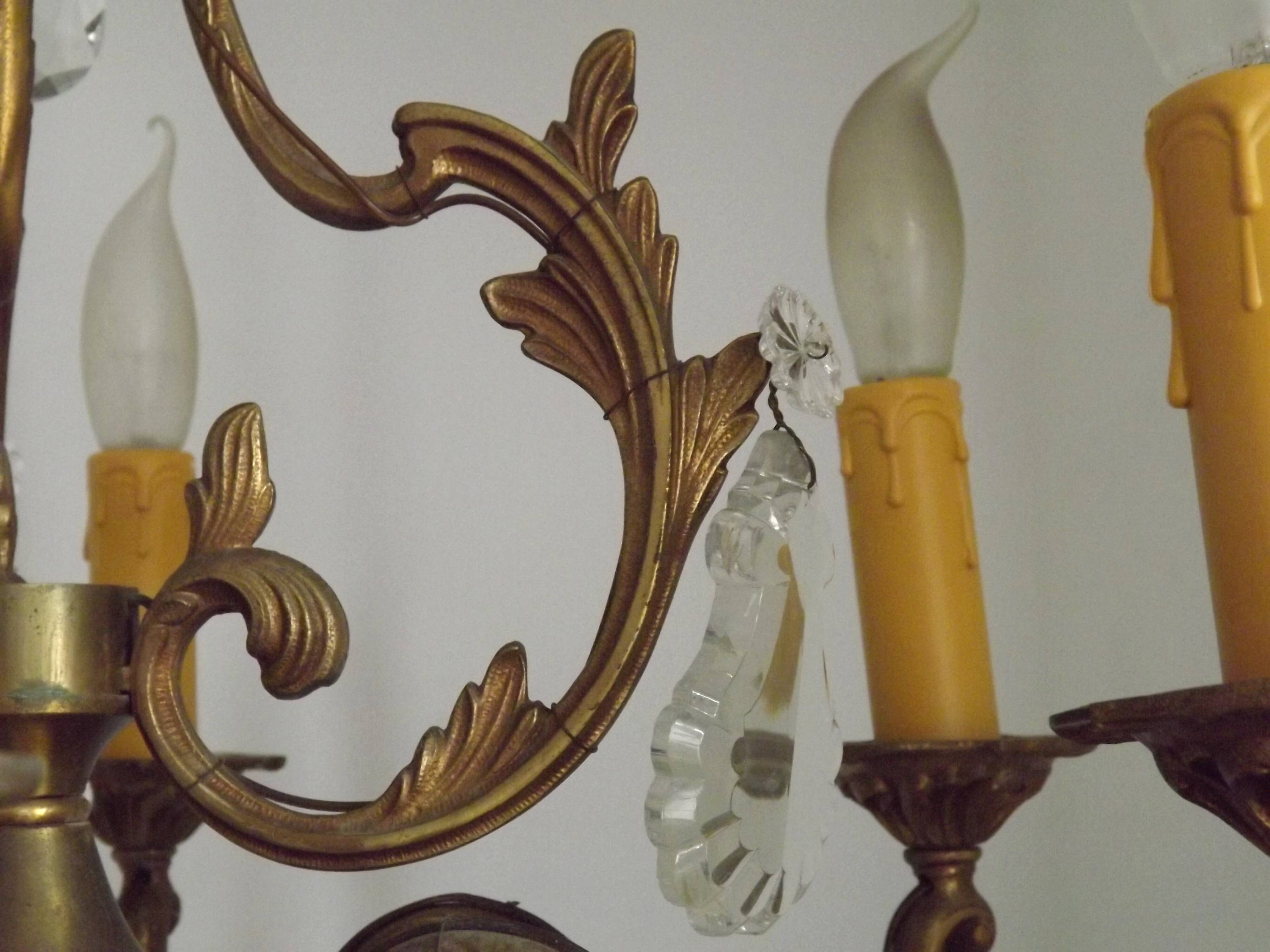 Large French Art Nouveau Acanthus 6 Light Bronze & Crystal Cage Chandelier