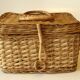 Braided rattan basket with lid, jewelry box, vintage from the 1970s