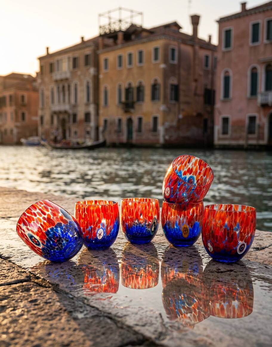 Set of 6 blown glass glasses with Effetre Murano murrine.