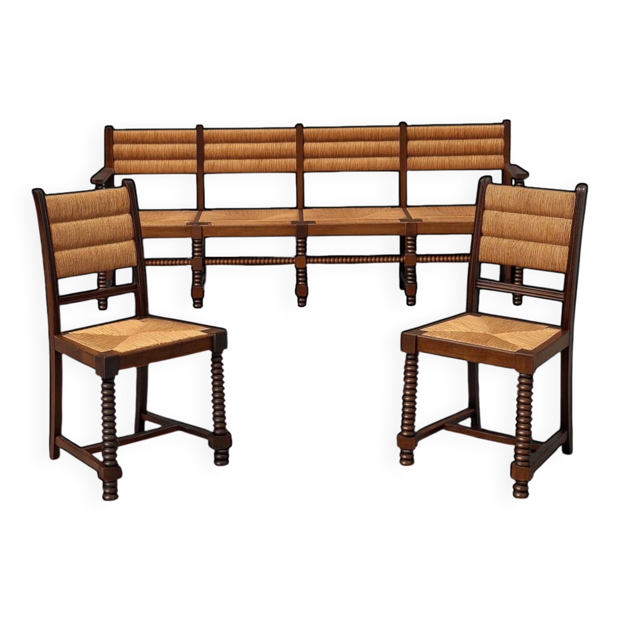 Bench and 2 chairs in solid oak and straw, French craftsmanship from 1940.