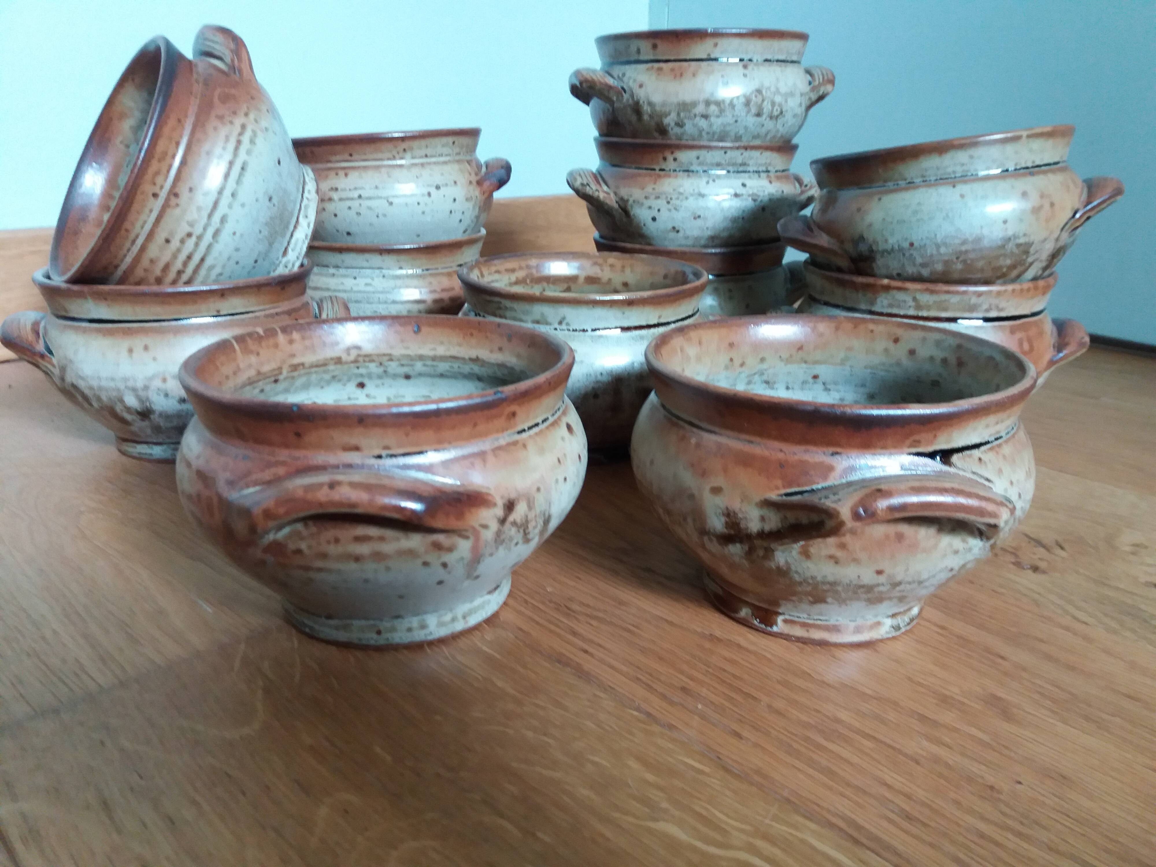 Soup bowls and cups in Puisaye stoneware by Jean-Pierre Prud'homme