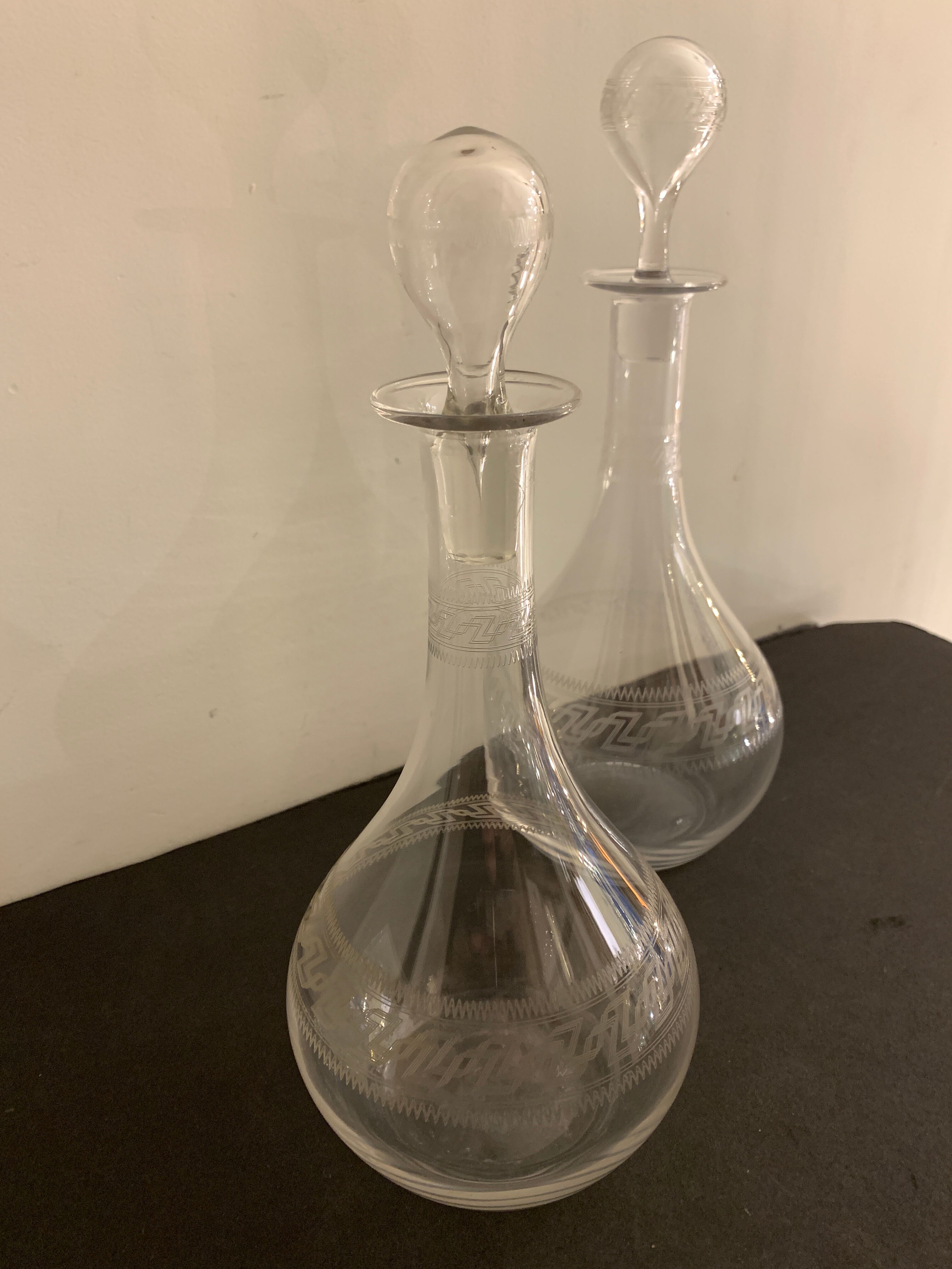 Pair of ancient decanters made of Baccarat crystal, Greek friezes