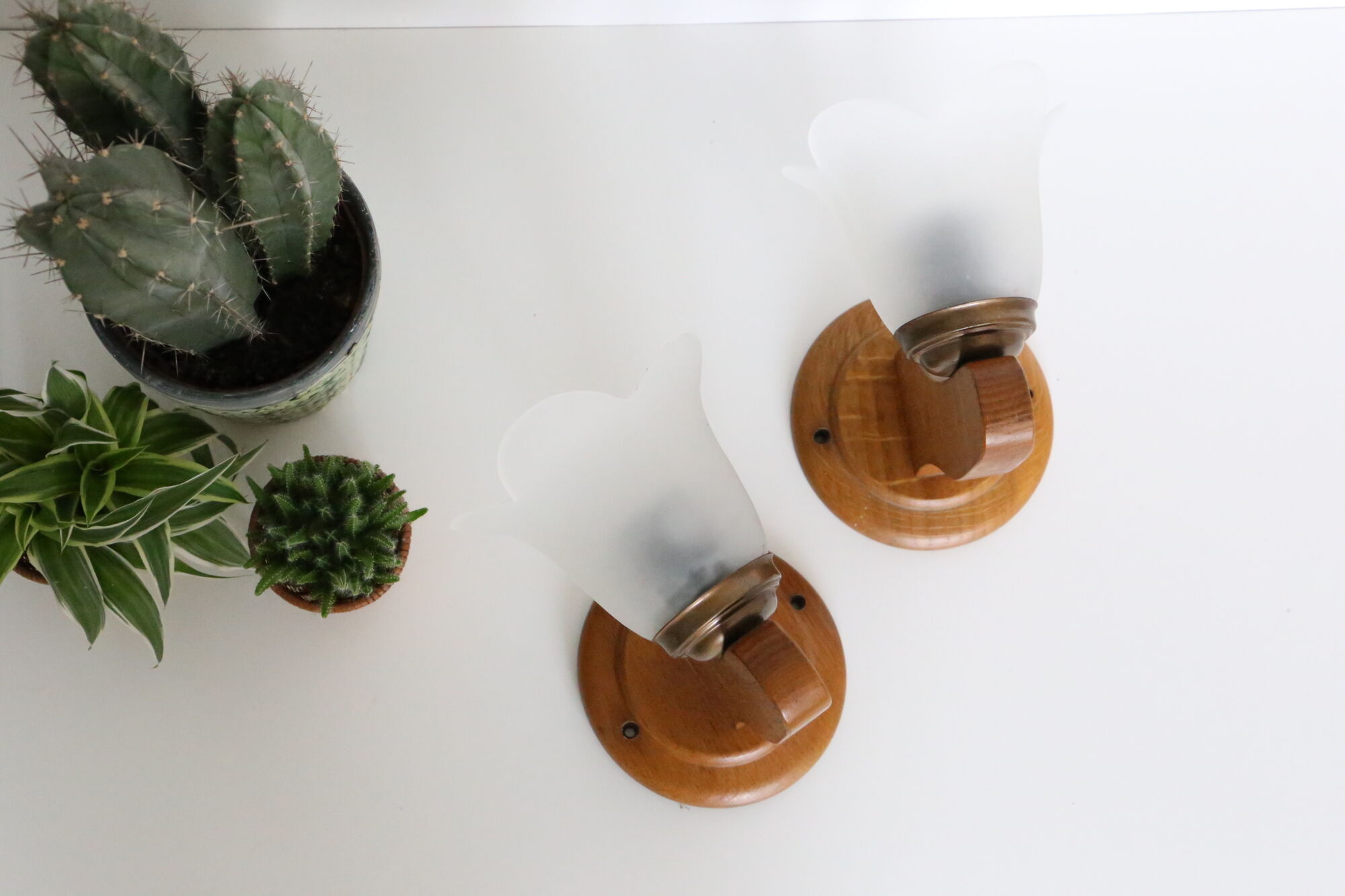 Duo of wooden appliques and tulip globe in scrambled glass, based on brass