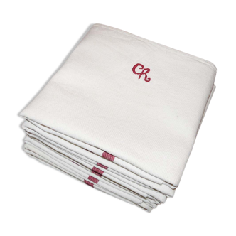 Lot 8 torchons en métis beige à liteau rouge et monogramme CR ou Ch