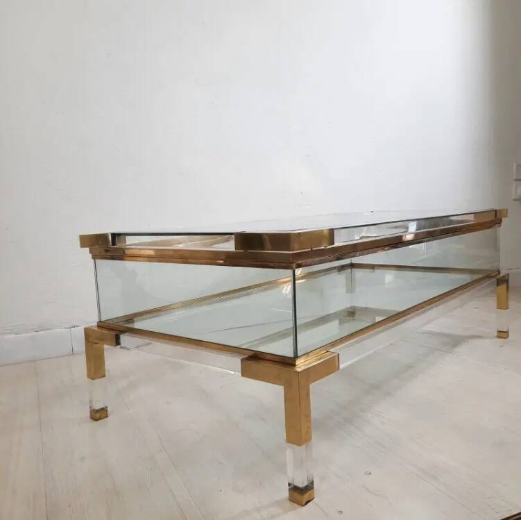 coffee table, table with sliding top, brass plexiglass crystal  vintage anni 70