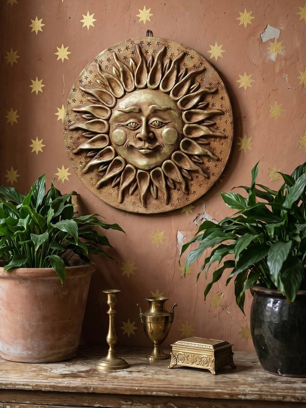 Anthropomorphic sun wall sculpture in patinated terracotta, vintage Italian craftsmanship.