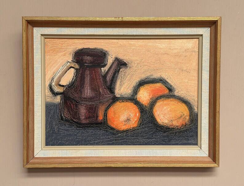 Original Swedish Oil on Panel – "Kattle and Oranges" by Herald – Signed – Dated 1966 – Framed Vintage Piece