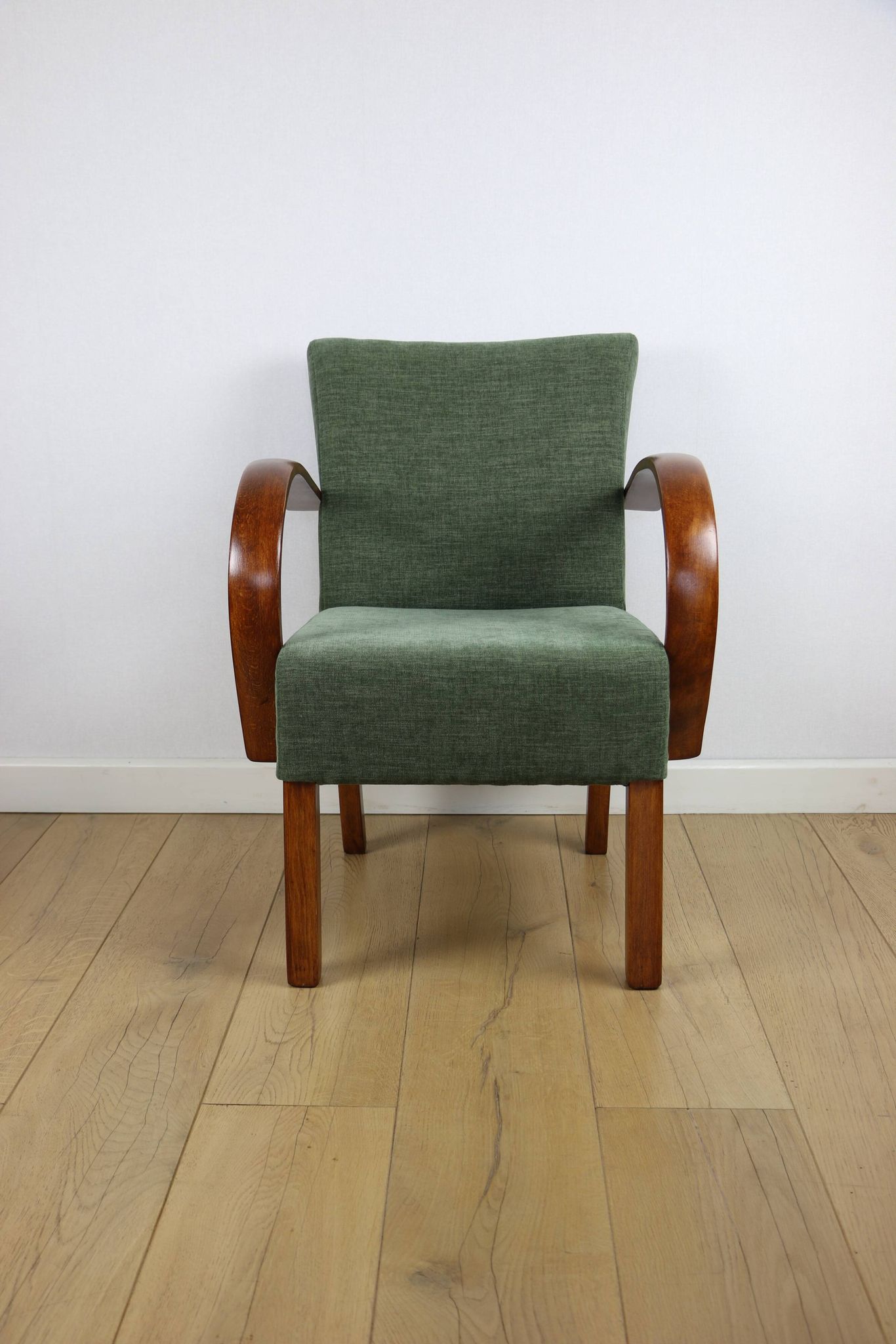 Fauteuil vintage Art Déco en bois courbé et tissu vert olive