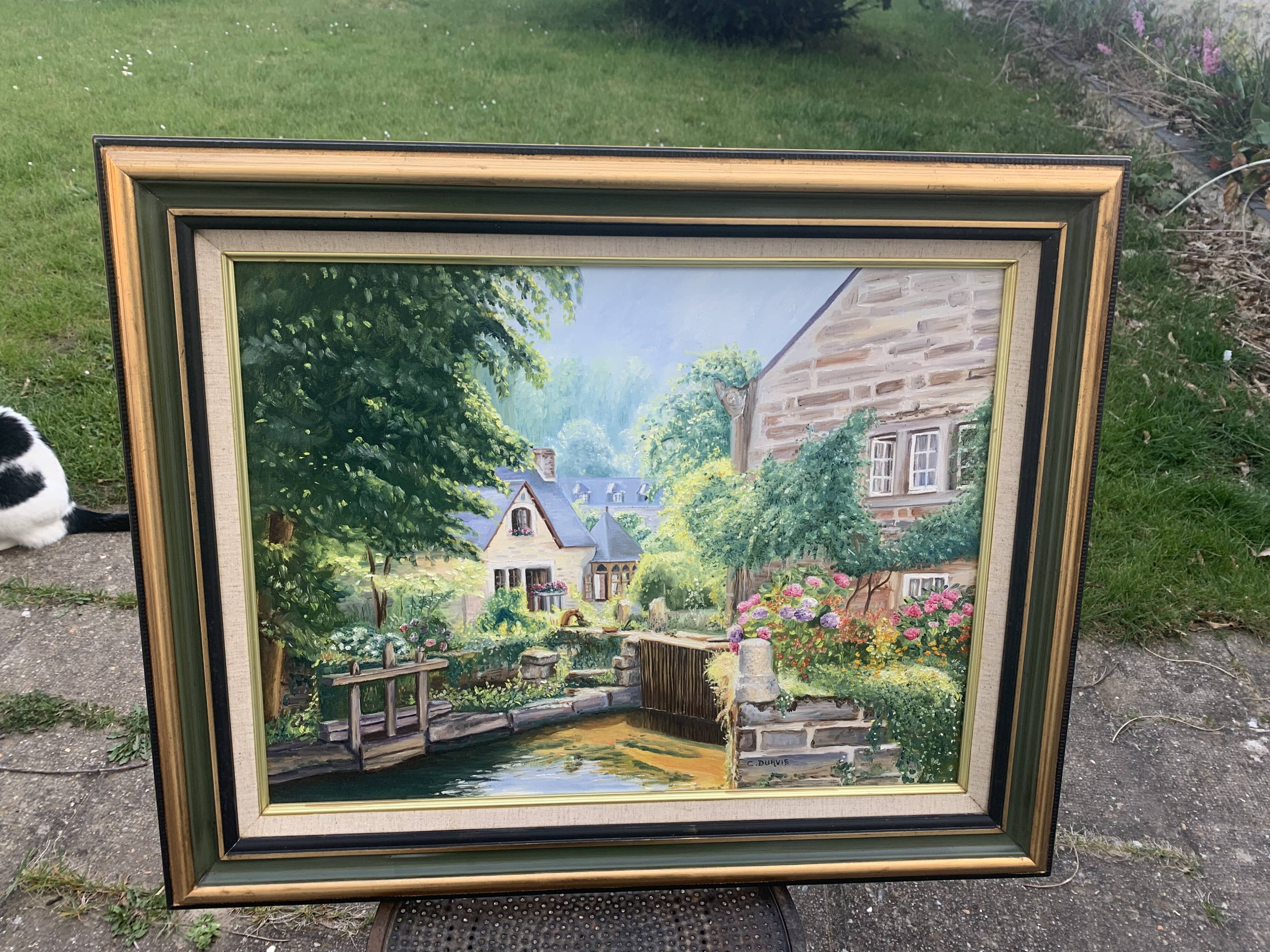 Painting painting on canvas framed bridge aven Bretagne by Christine durvis vintage