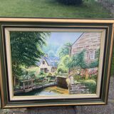 Painting painting on canvas framed bridge aven Bretagne by Christine durvis vintage