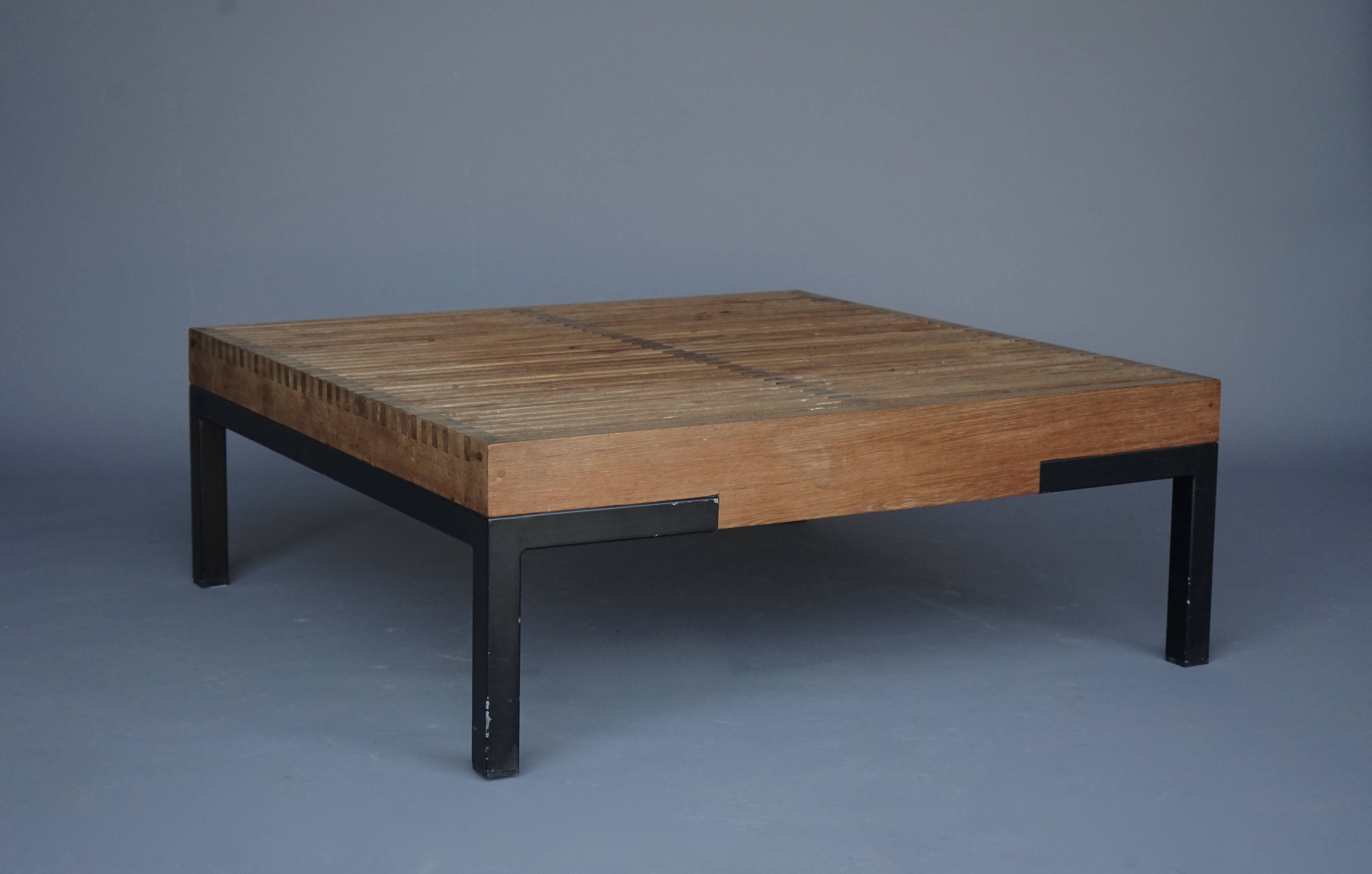 Table basse vintage à lattes en teck et métal, 1960