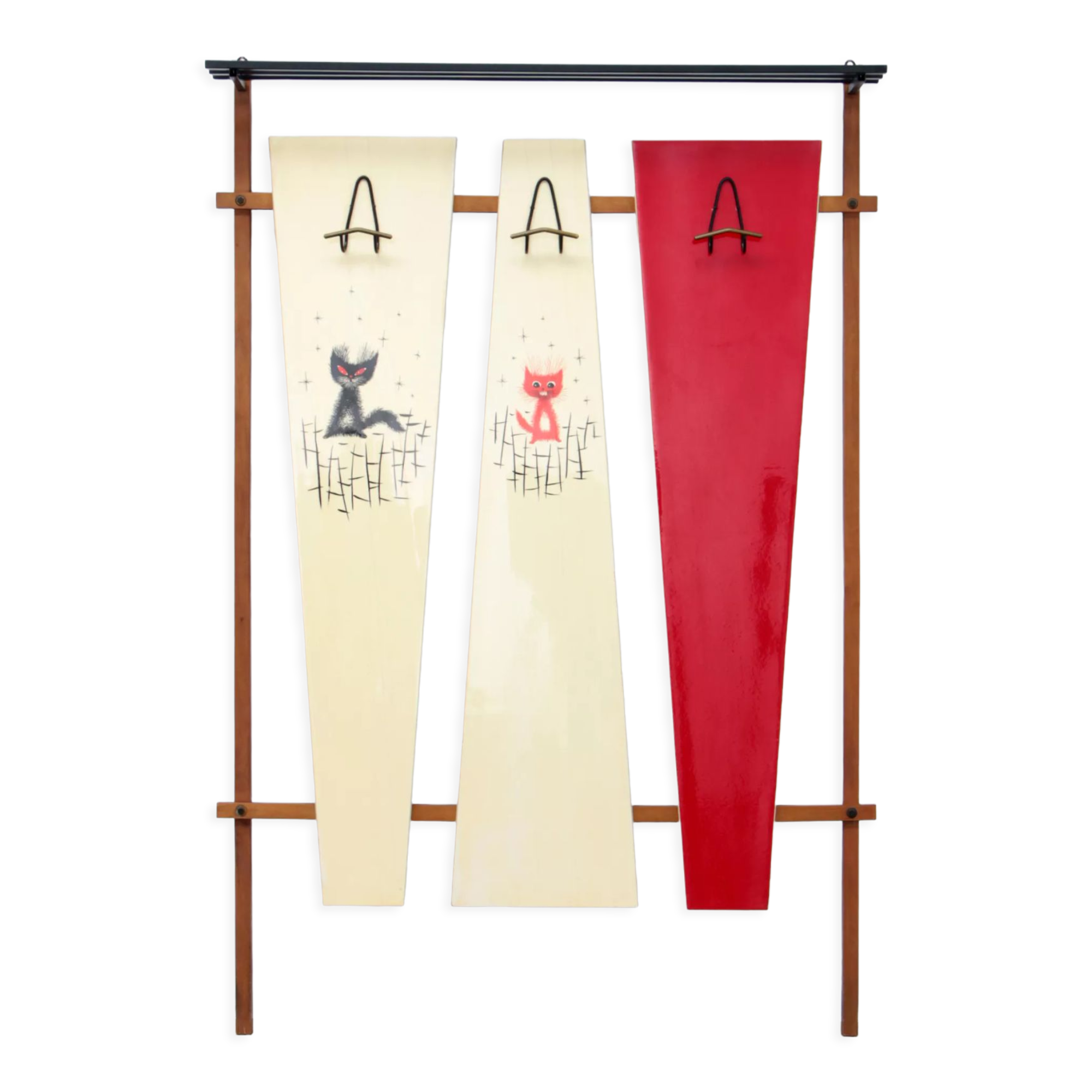 Italian wall coat rack with red cats, cream and hat rack, 1960