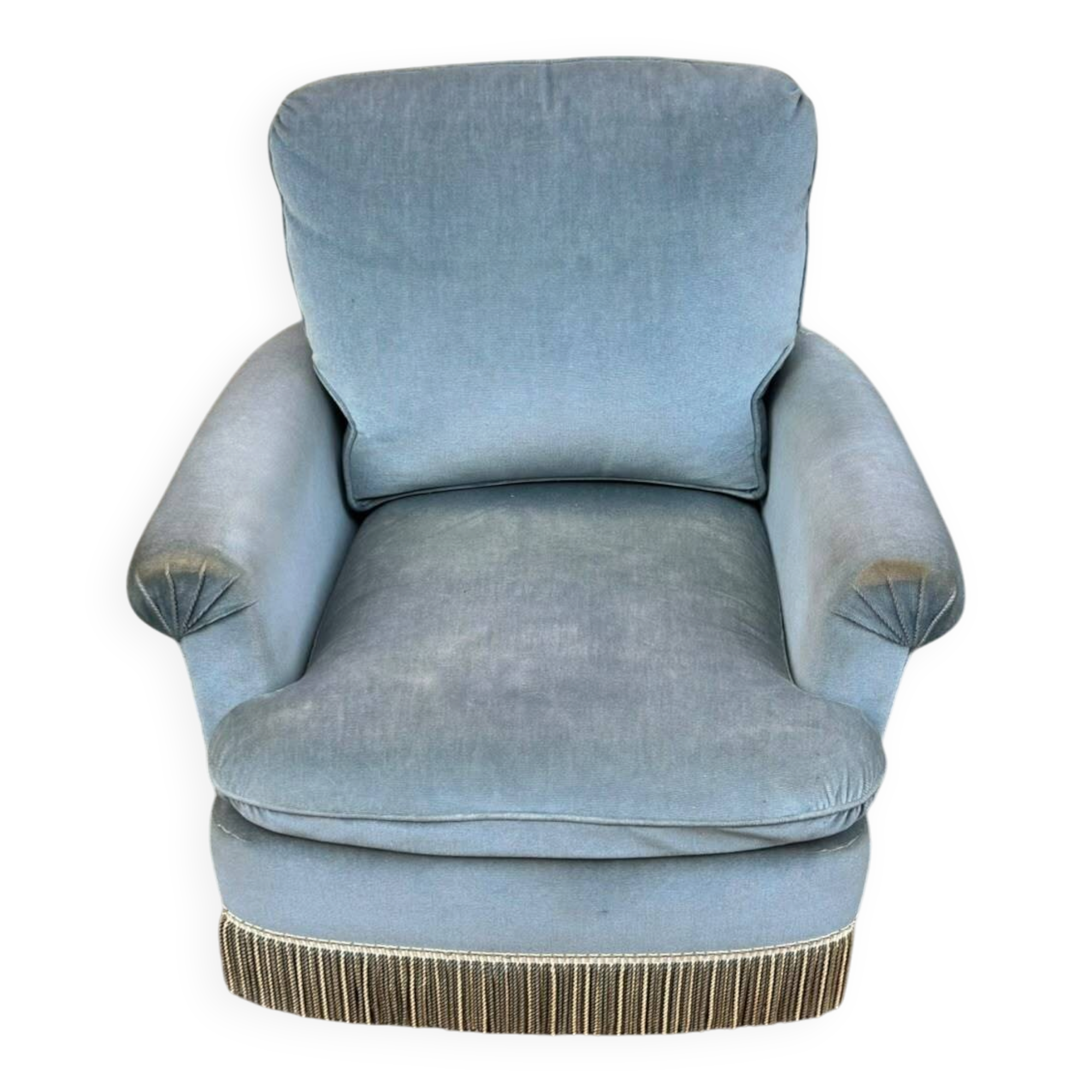 Vintage BUROV crapaud armchair in blue velvet with fringes – 1960s/70s