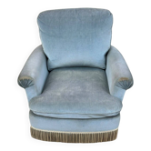 Vintage BUROV crapaud armchair in blue velvet with fringes – 1960s/70s