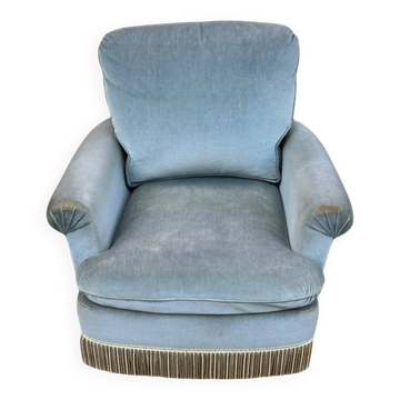 Vintage BUROV crapaud armchair in blue velvet with fringes – 1960s/70s