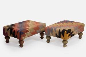 Small kilim ottomans with wooden legs, türkiye, set of 2
