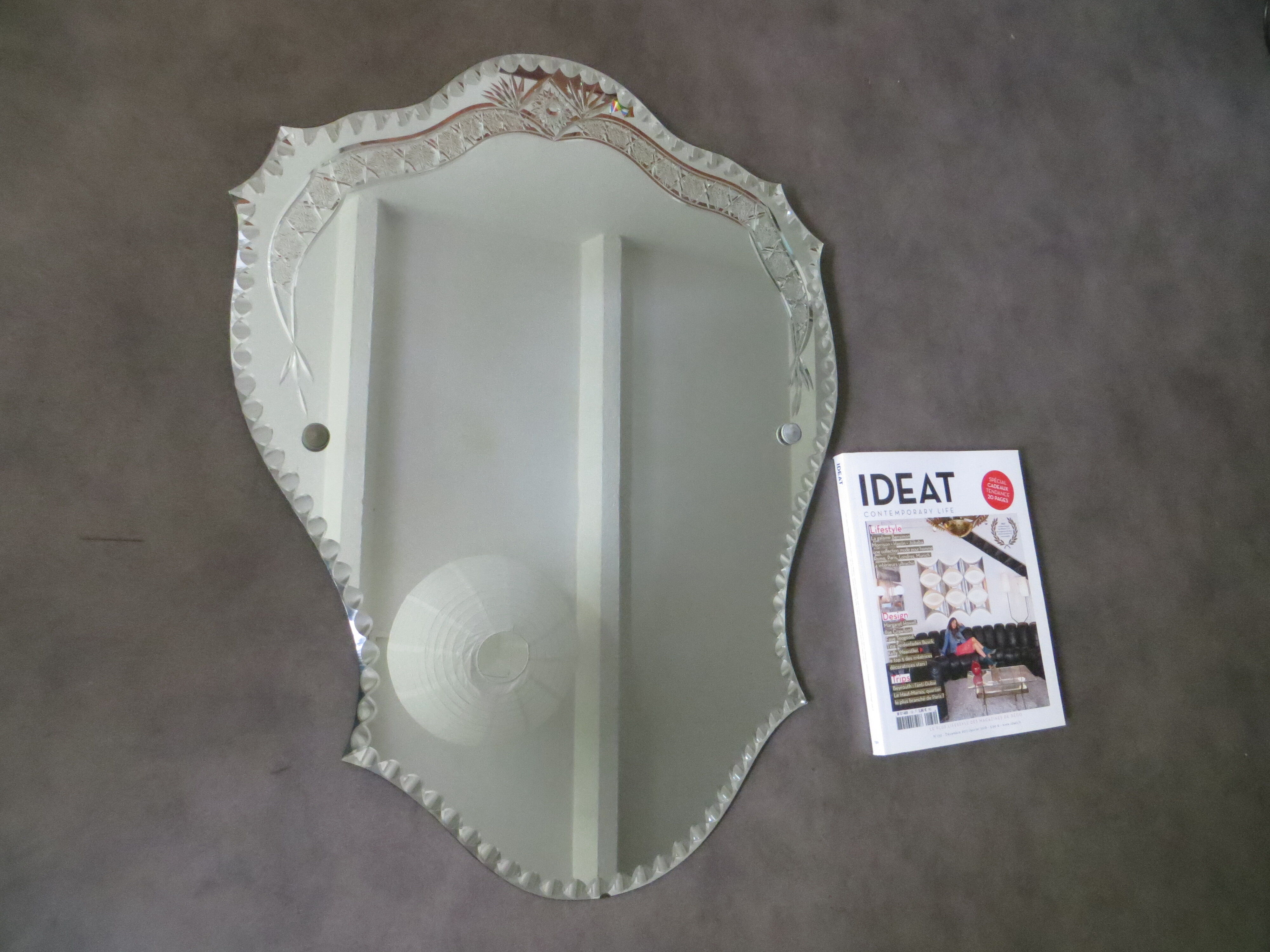 Antique mirror Art Deco beveled and engraved 72 x 53 cm
