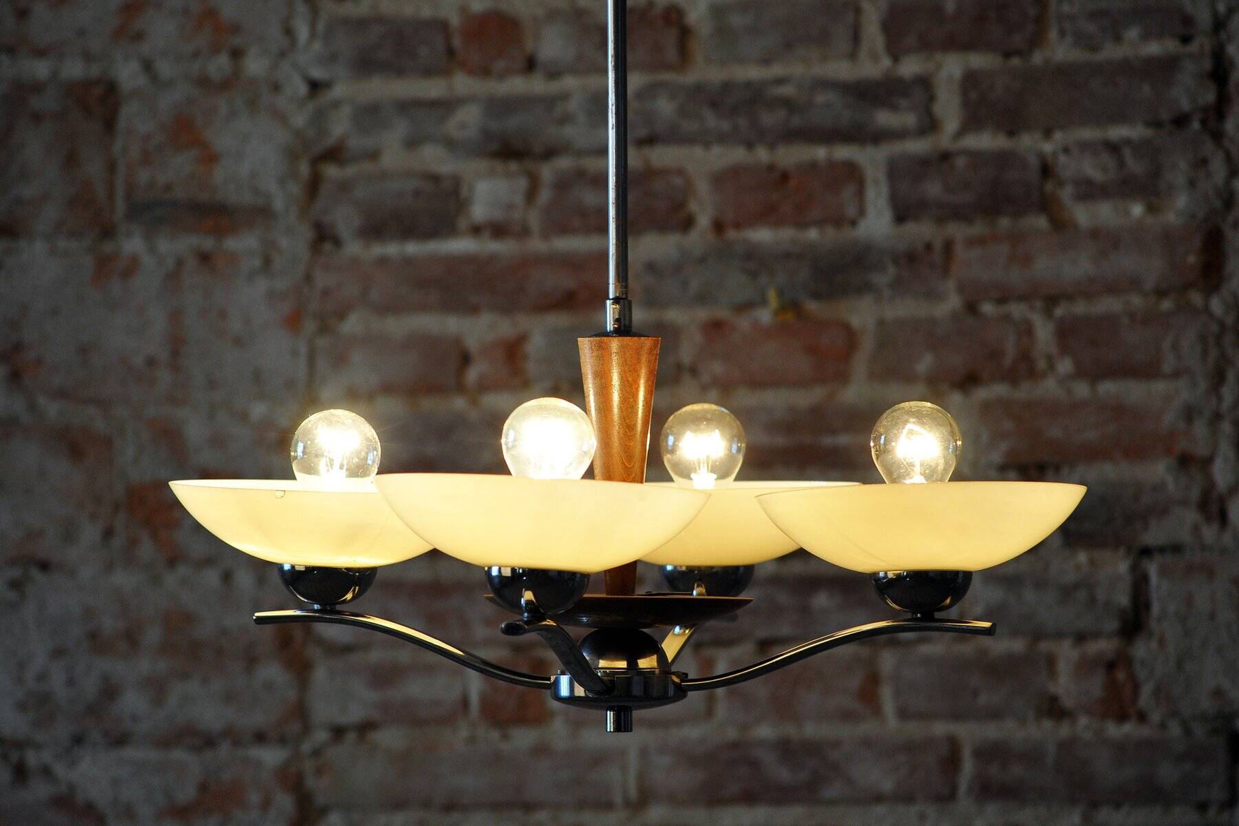 Art Deco Chandelier in Chromed Steel, Beech and Opal Glass, Czech, 1920s