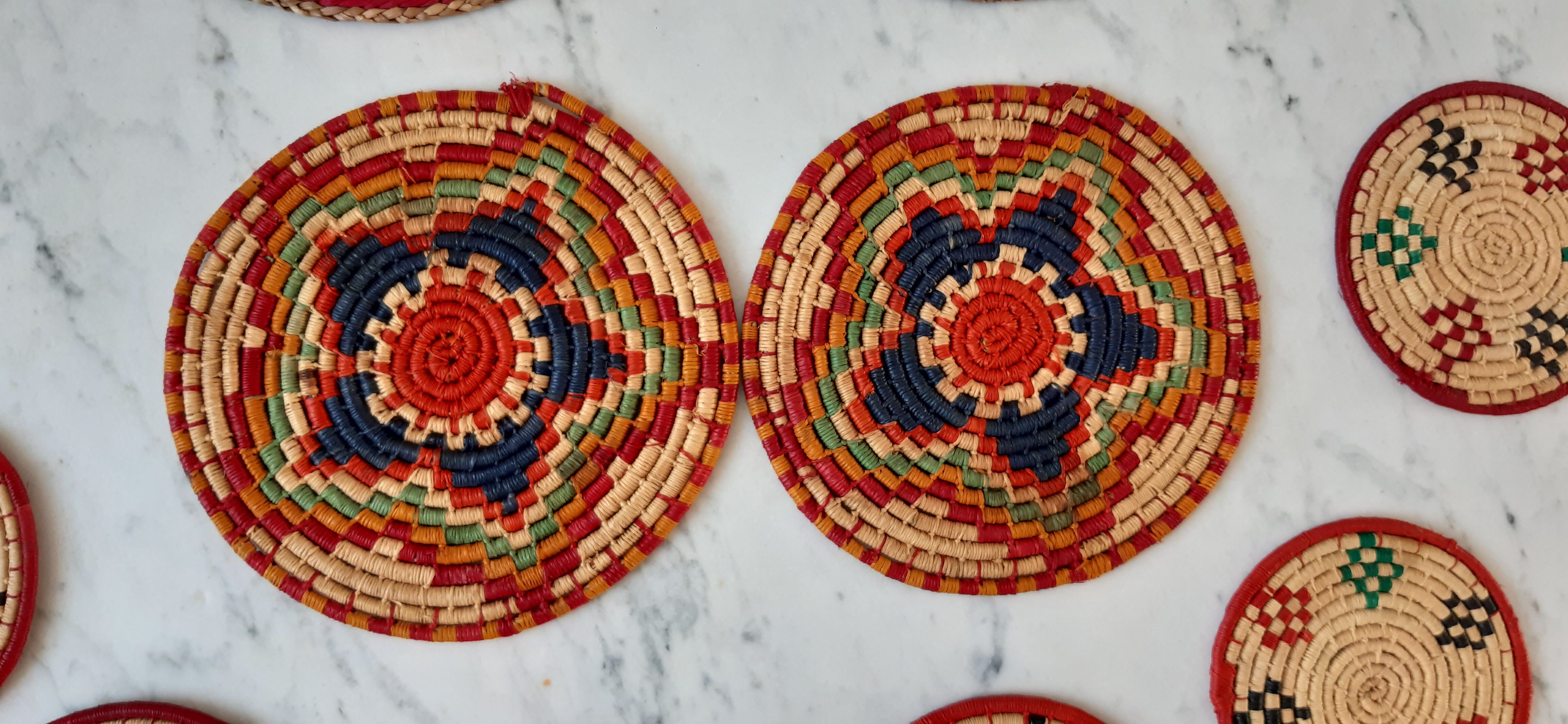 Set of bottle underwear and coasters in wicker / rope 70s