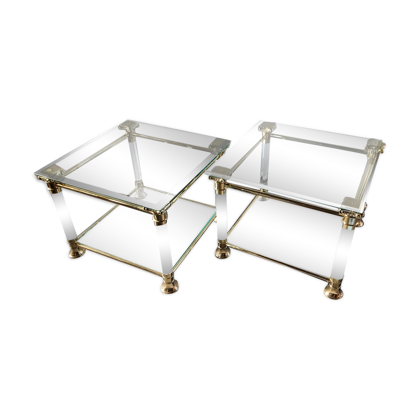Pair of tables in brass, acrylic and glass