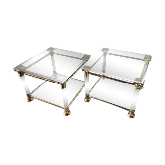 Pair of tables made of brass, acrylic and glass