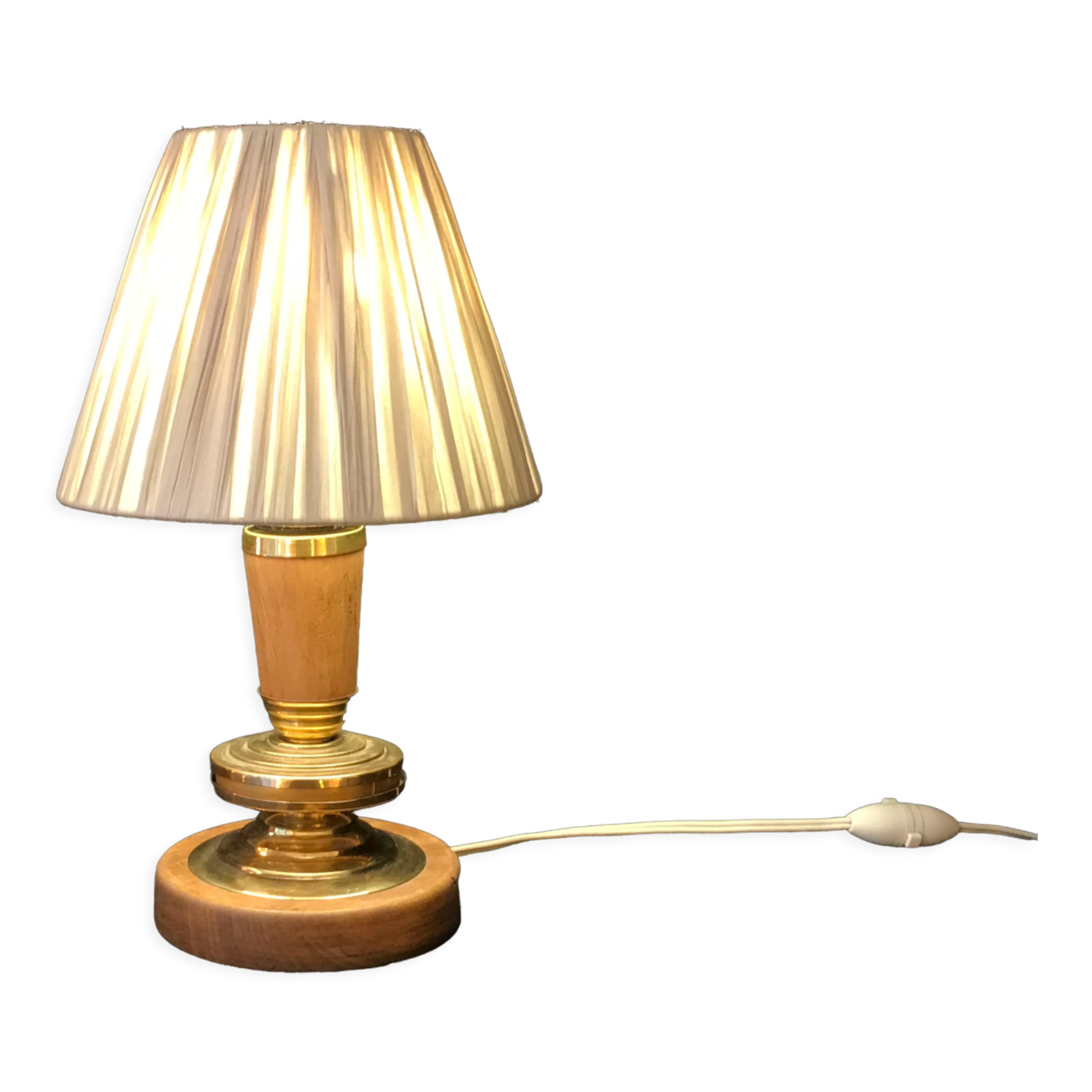 Vintage table lamp foot in wood and brass pleated lampshade 1960