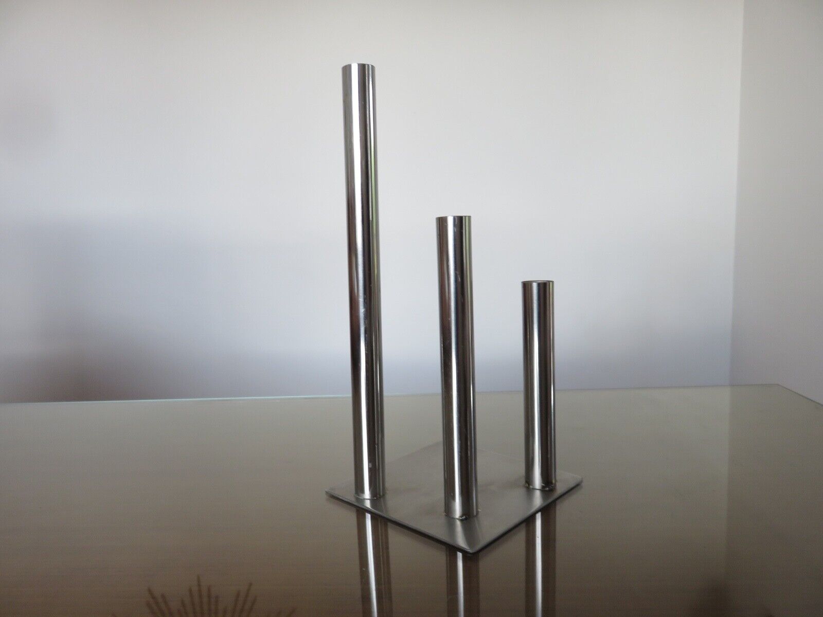 Triple candle holder, modernist, minimalist stainless steel 1970