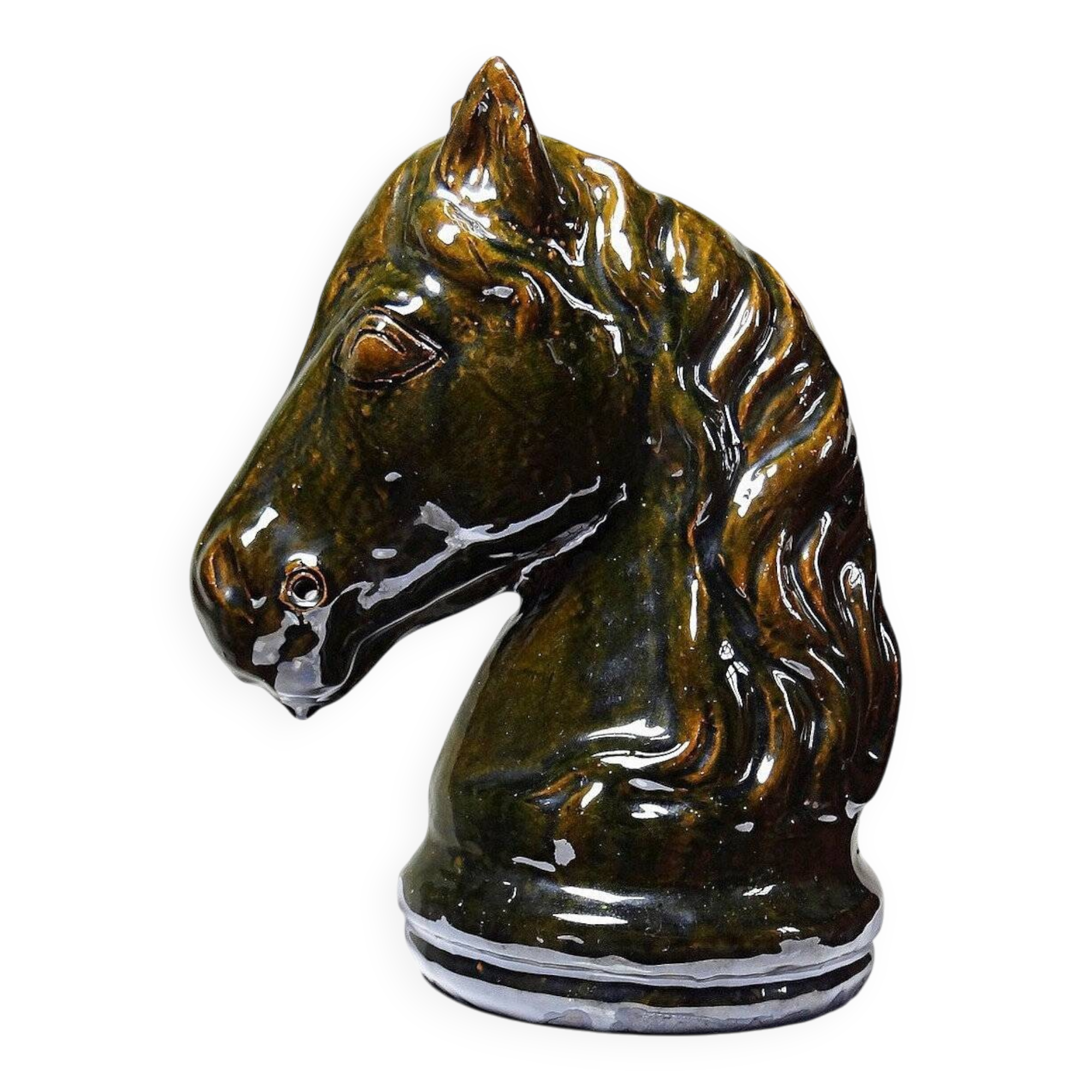 Vintage 1980s glazed terracotta chess knight or horse head.
