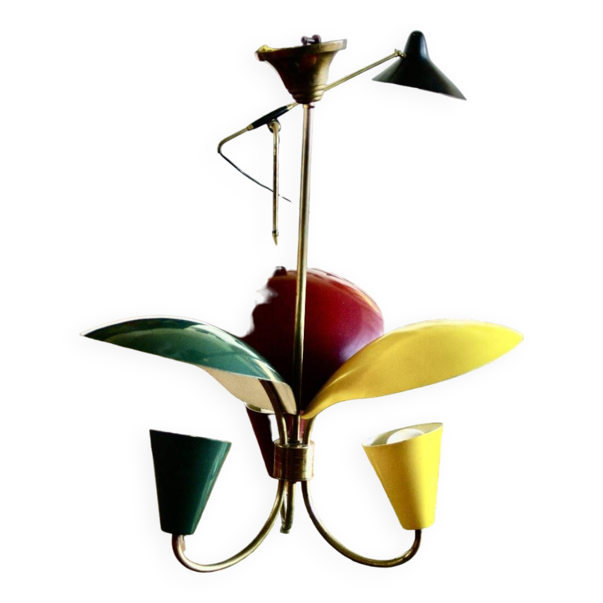 Vintage tri-color chandelier in lacquered steel and brass