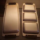 Duo of brushed stainless steel service trays - anses bois - 1970s/80s