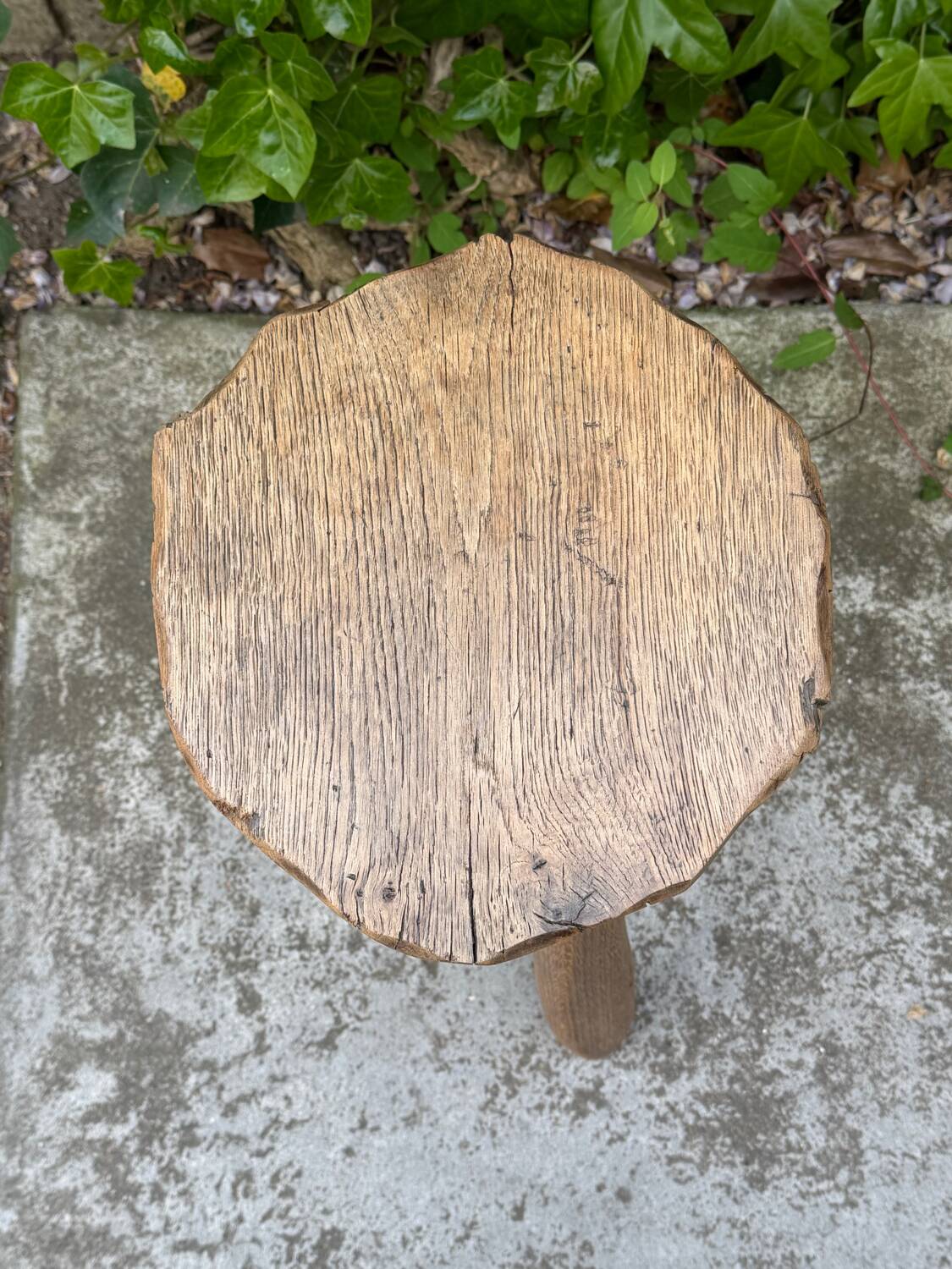 Brutalist tripod stool in solid elm from 1950.