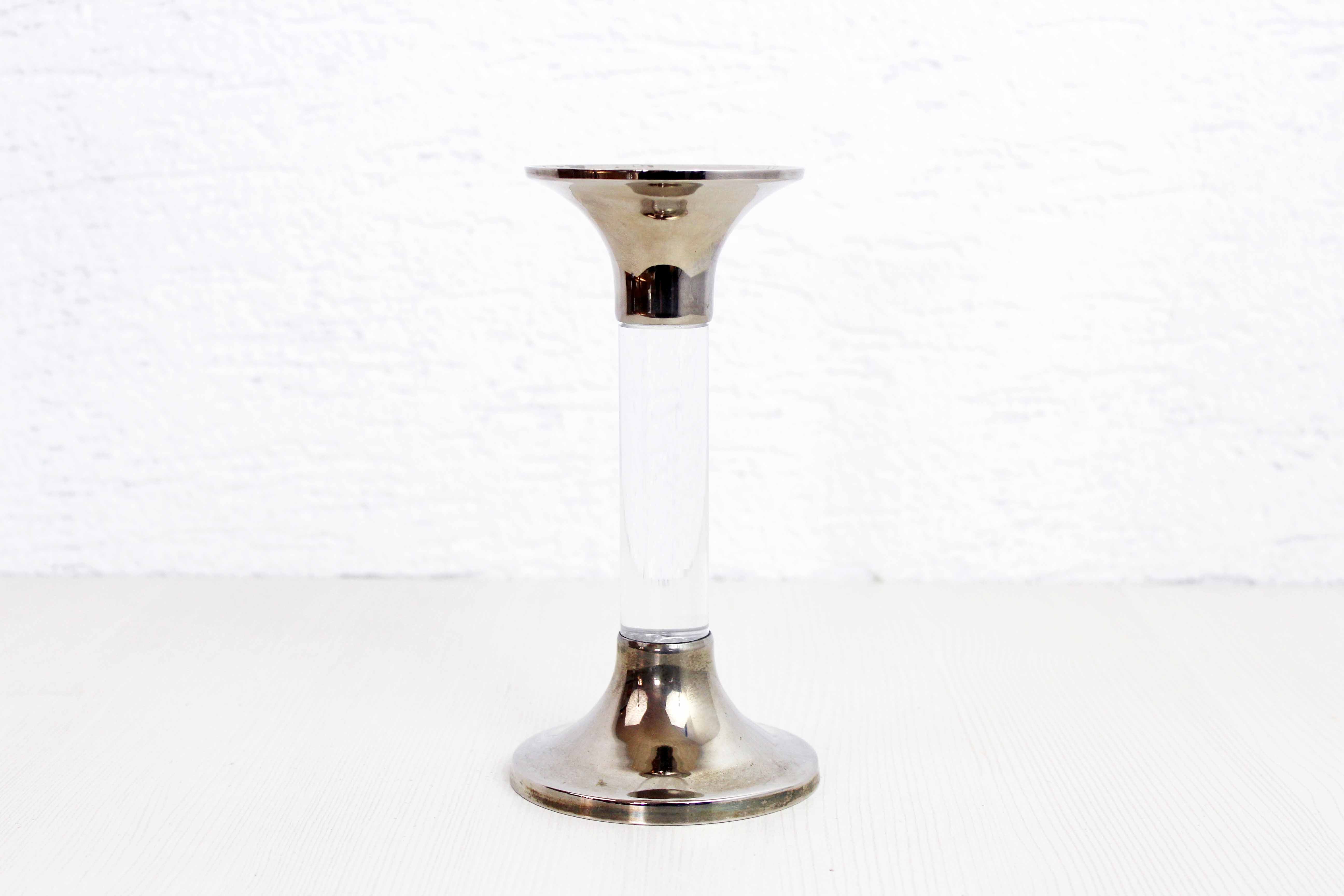 Candle holder in silver metal and lucite