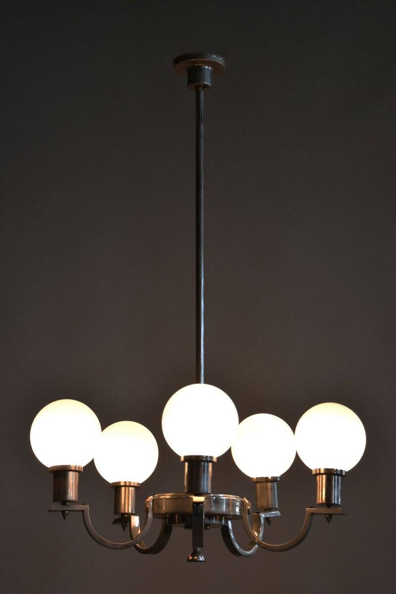 Art Deco Chandelier in Nickel, Steel and Opaline Glass, Czech, 1920s