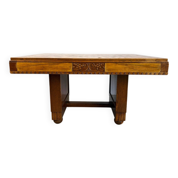 Table à manger en marqueterie de chêne, années 1940 - France