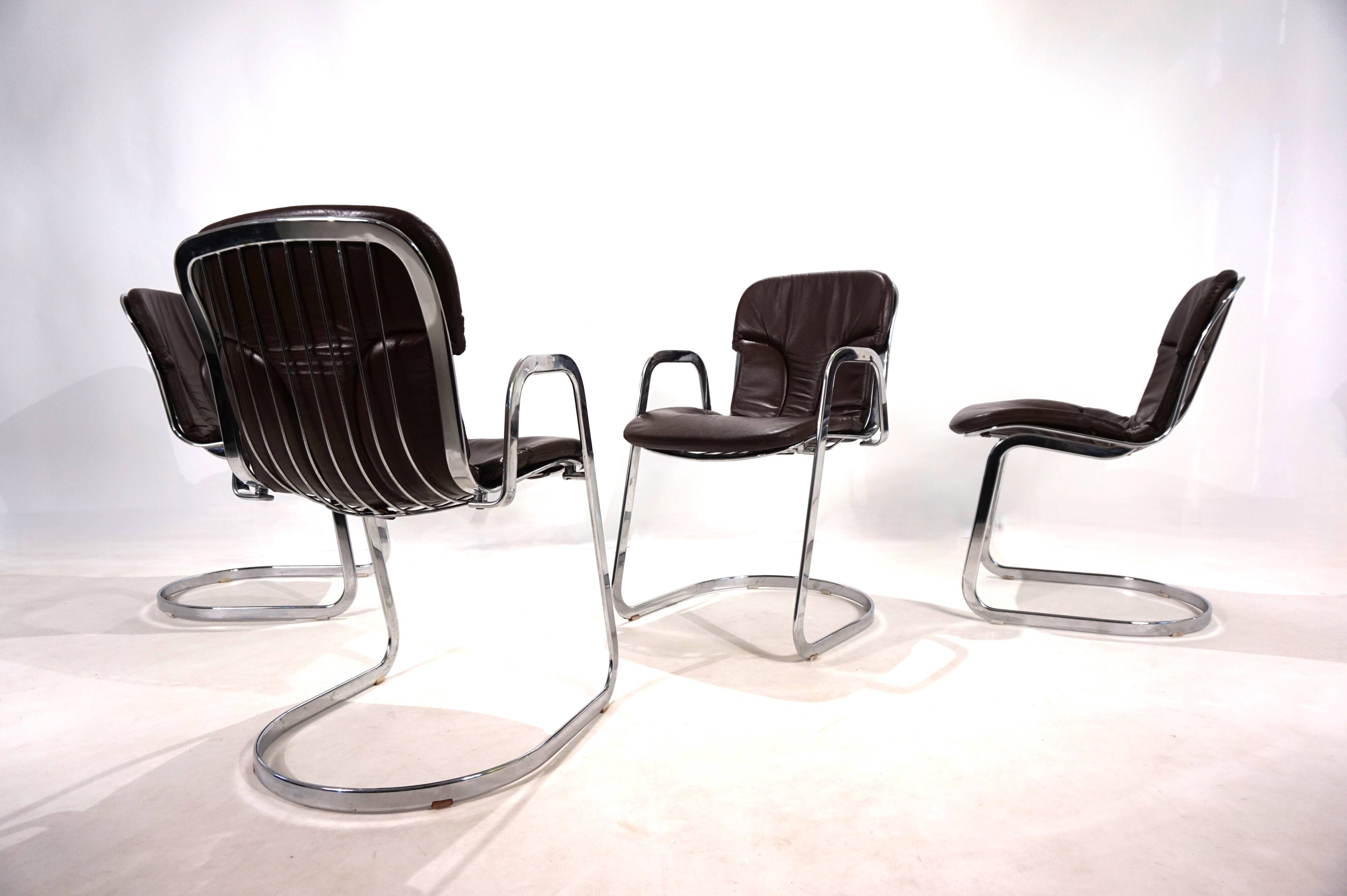 Set of four Cidue leather chrome cantilever chairs by Willy Rizzo, 1970