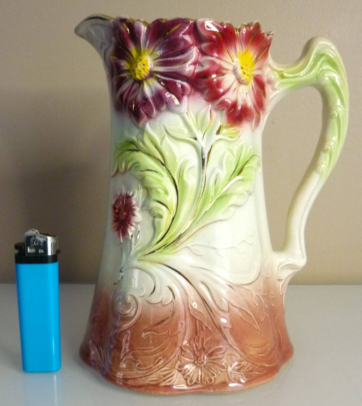 Barbotine pitcher, Onnaing earthenware, art nouveau ceramics, model no. 790