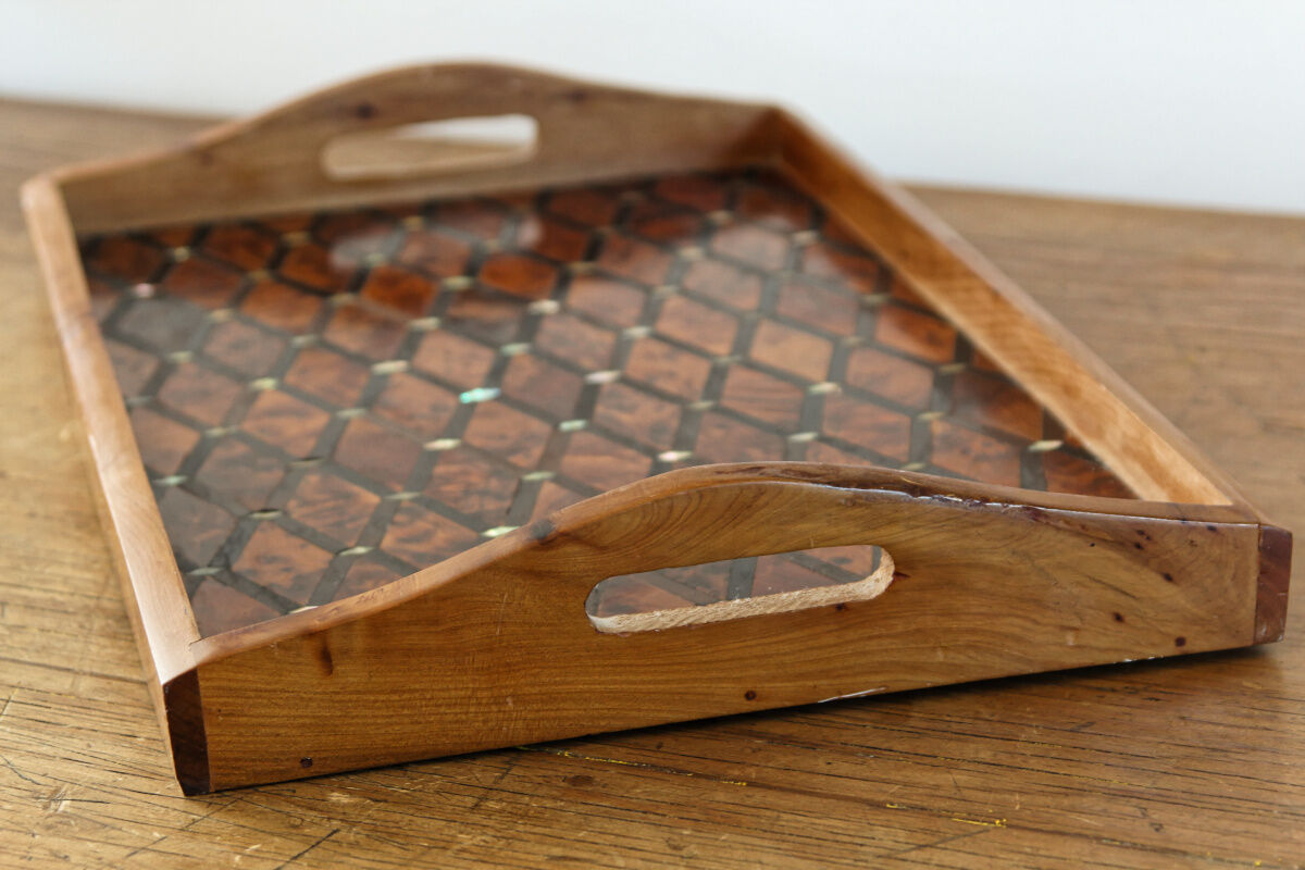 Elm magnifying glass tray and mother-of-pearl