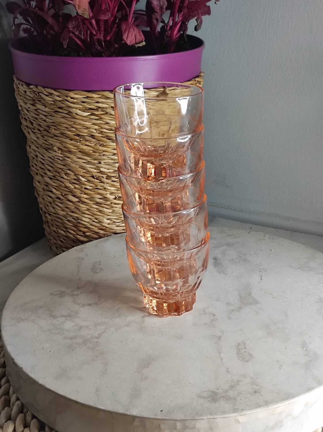 Pink glass liqueur cups from the 1940s