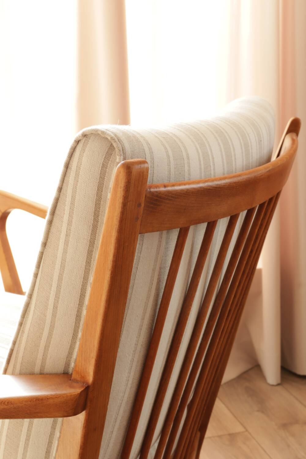 Scandinavian armchair in beige and white striped fabric