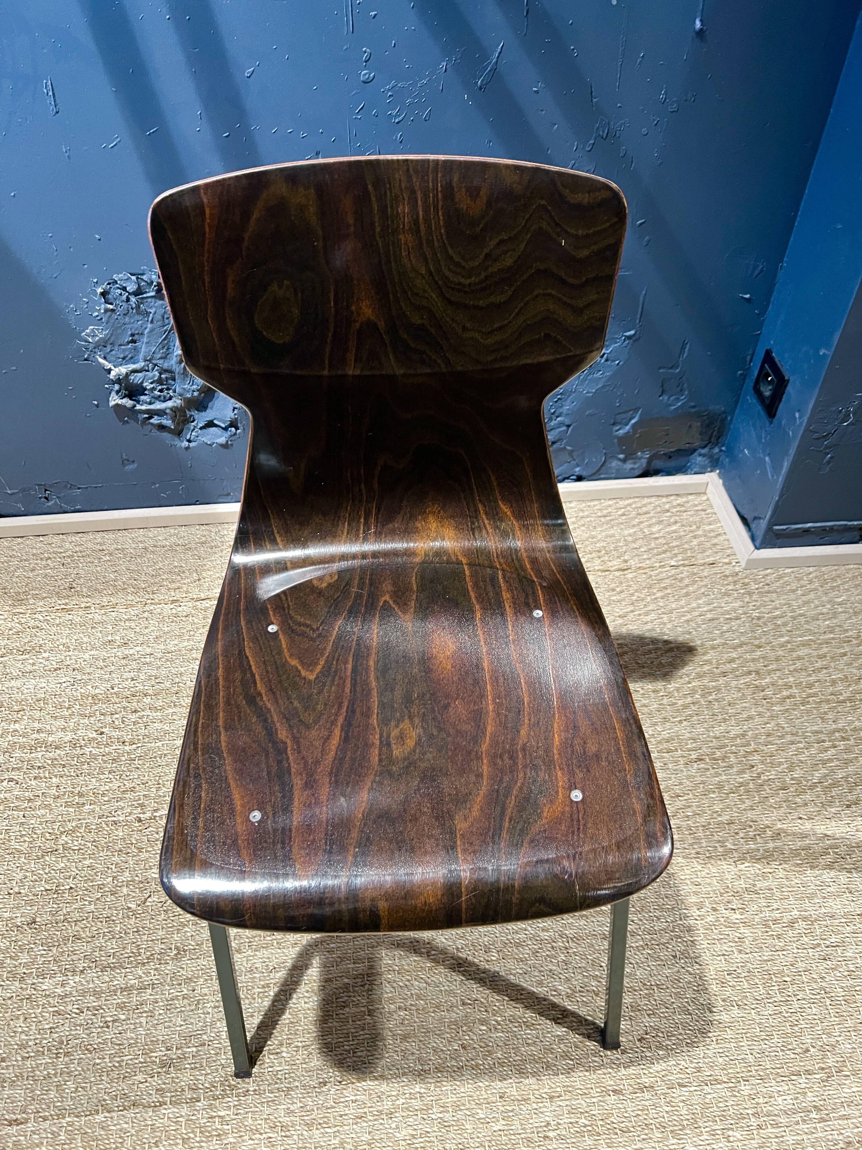 Set of 8 wenge wood chairs and gray green steel