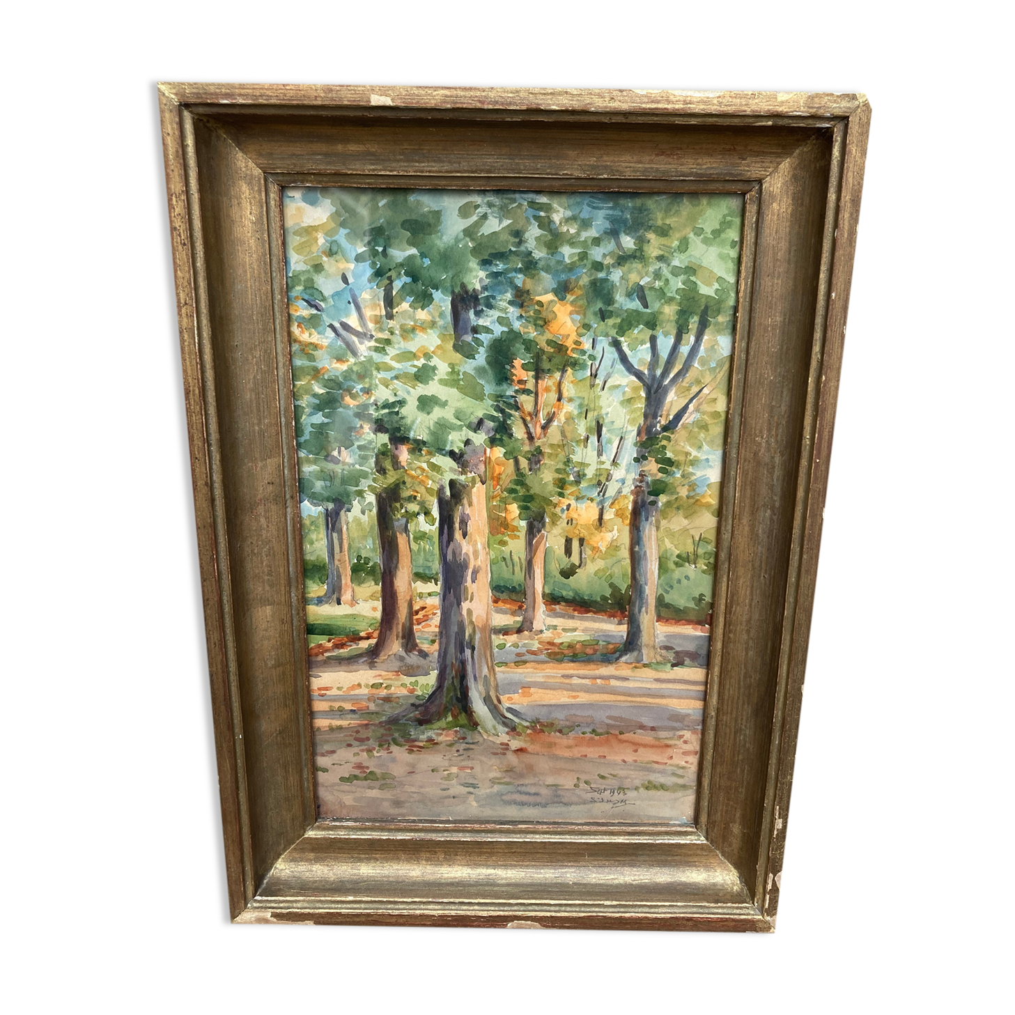 Framed watercolor trees in autumn dated 1943