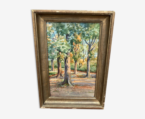Aquarelle encadrée arbres en automne datée 1943