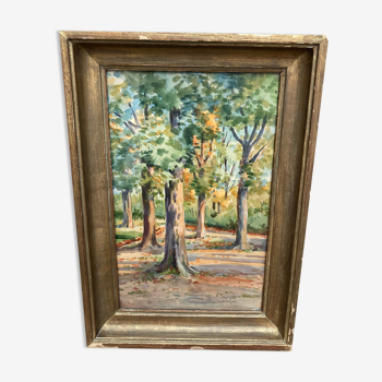 Framed watercolor trees in autumn dated 1943