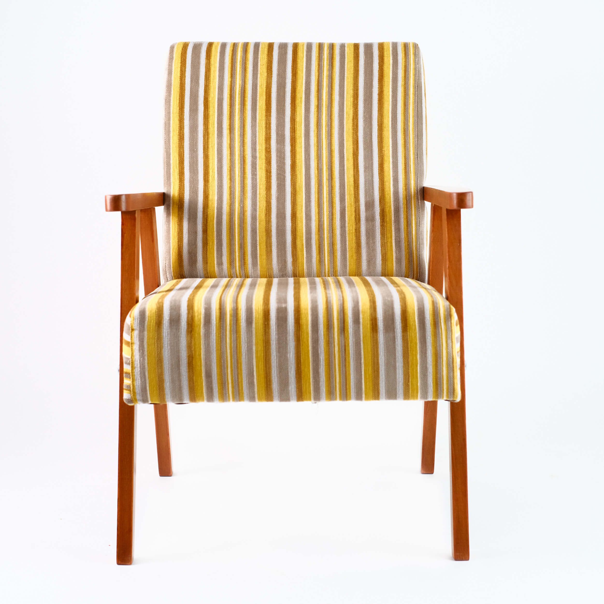 Vintage armchair yellow-gray stripes, velvet Pierre Frey, solid wood, 60s / 70s