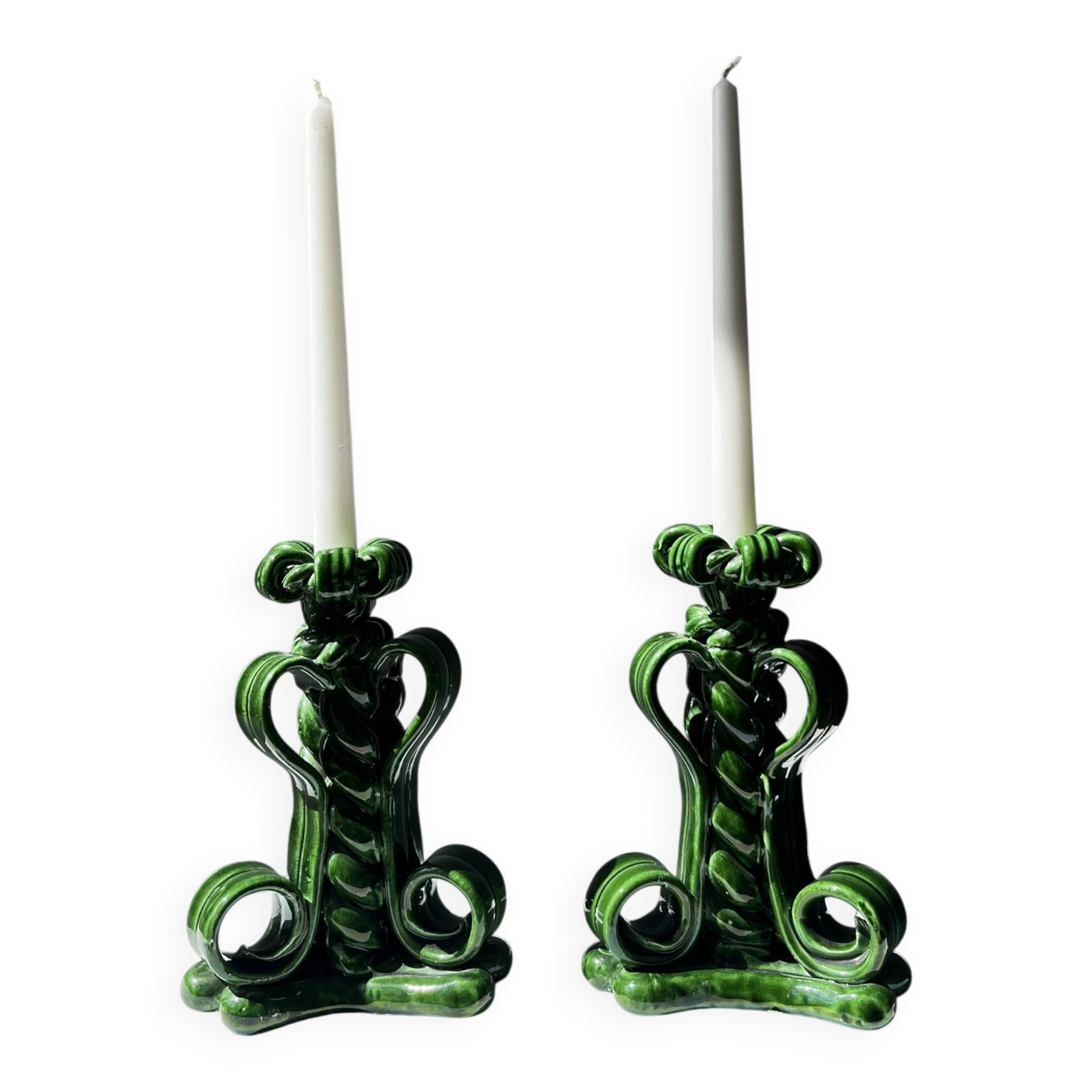 Lot of woven ceramic candle holders in green Vallauris.