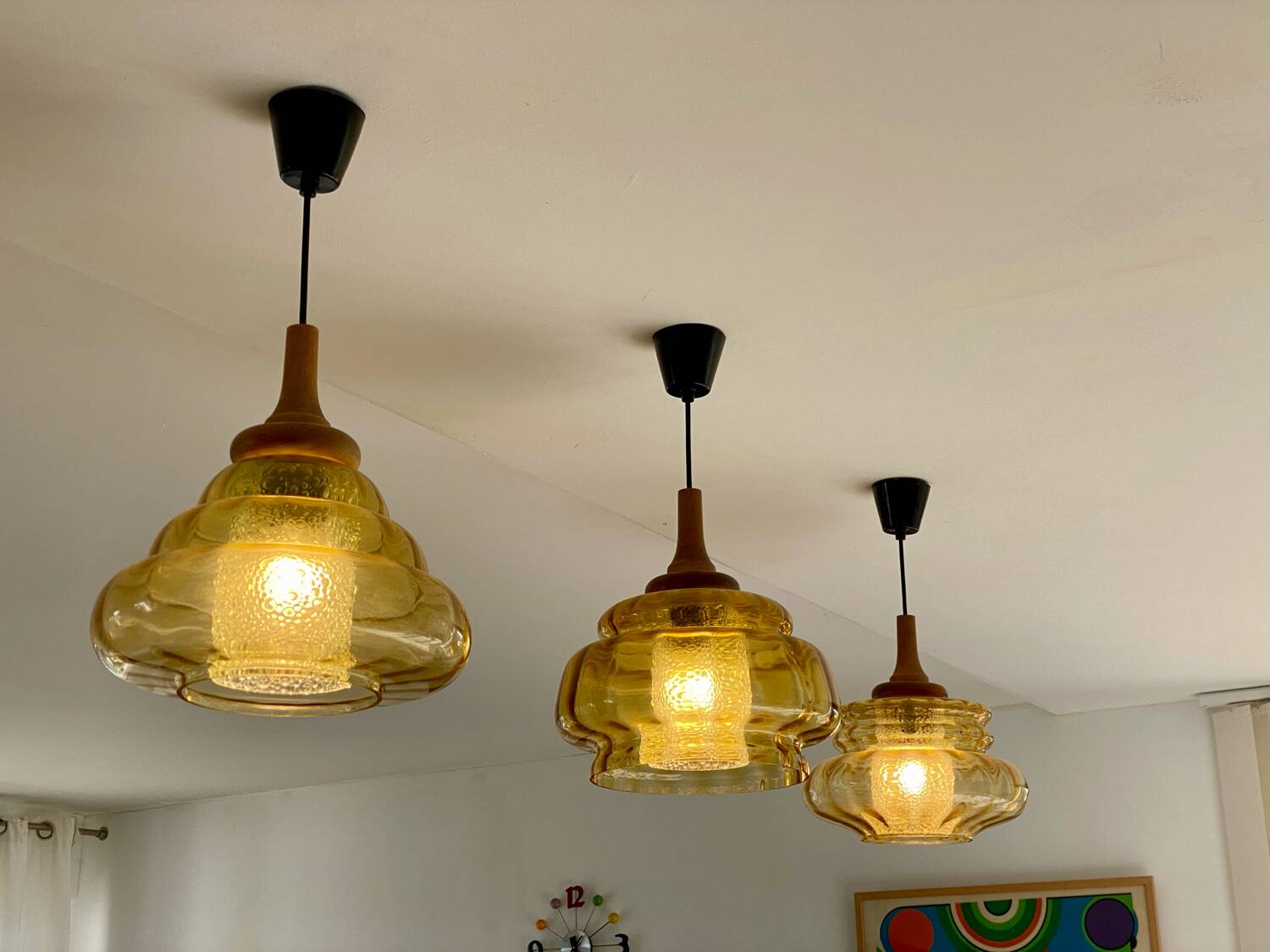 Trio of 3 glass chandelier suspensions GDR 1970 Veb Narva