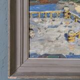 Mid-century modern "the dock" swedish seascape oil painting, framed