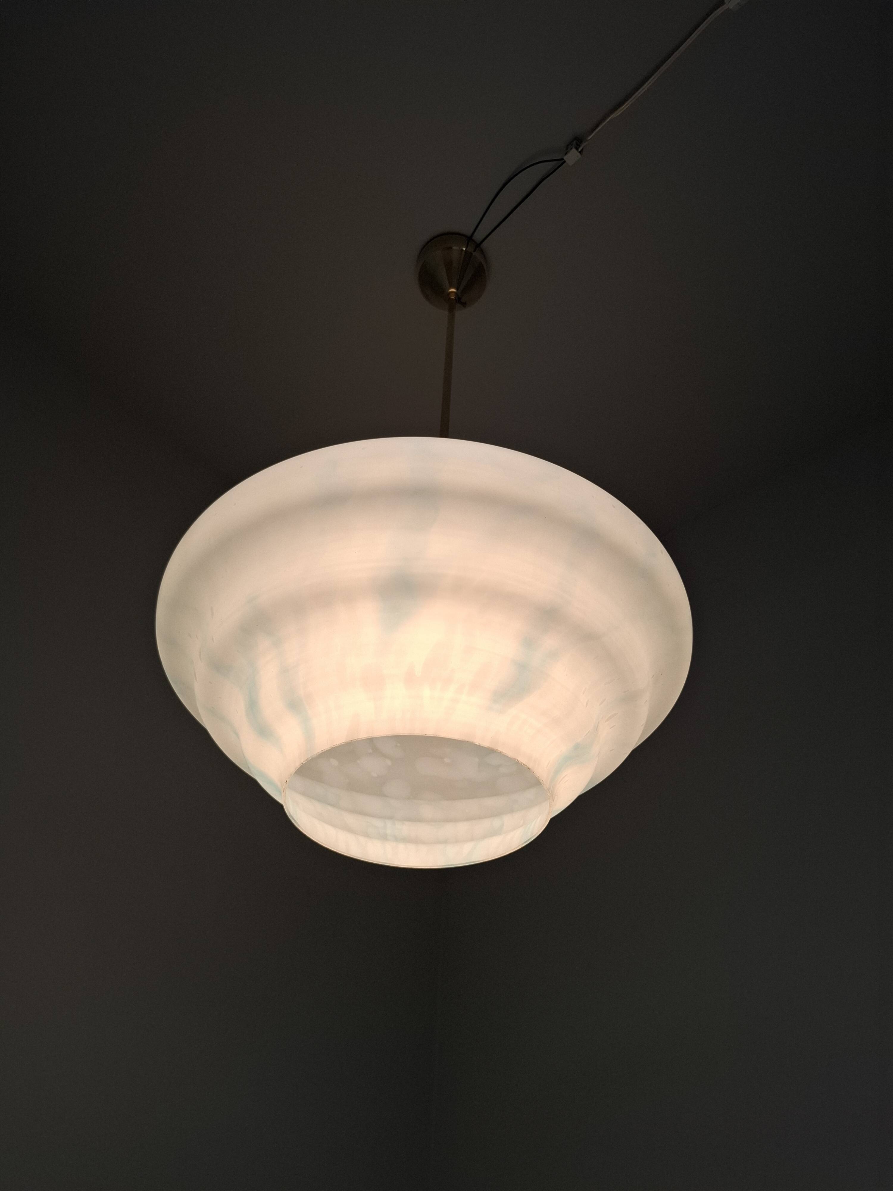 Napako Midcentury Modern Pendant Lamp in Opaline Glass and Brass, Czechoslovakia