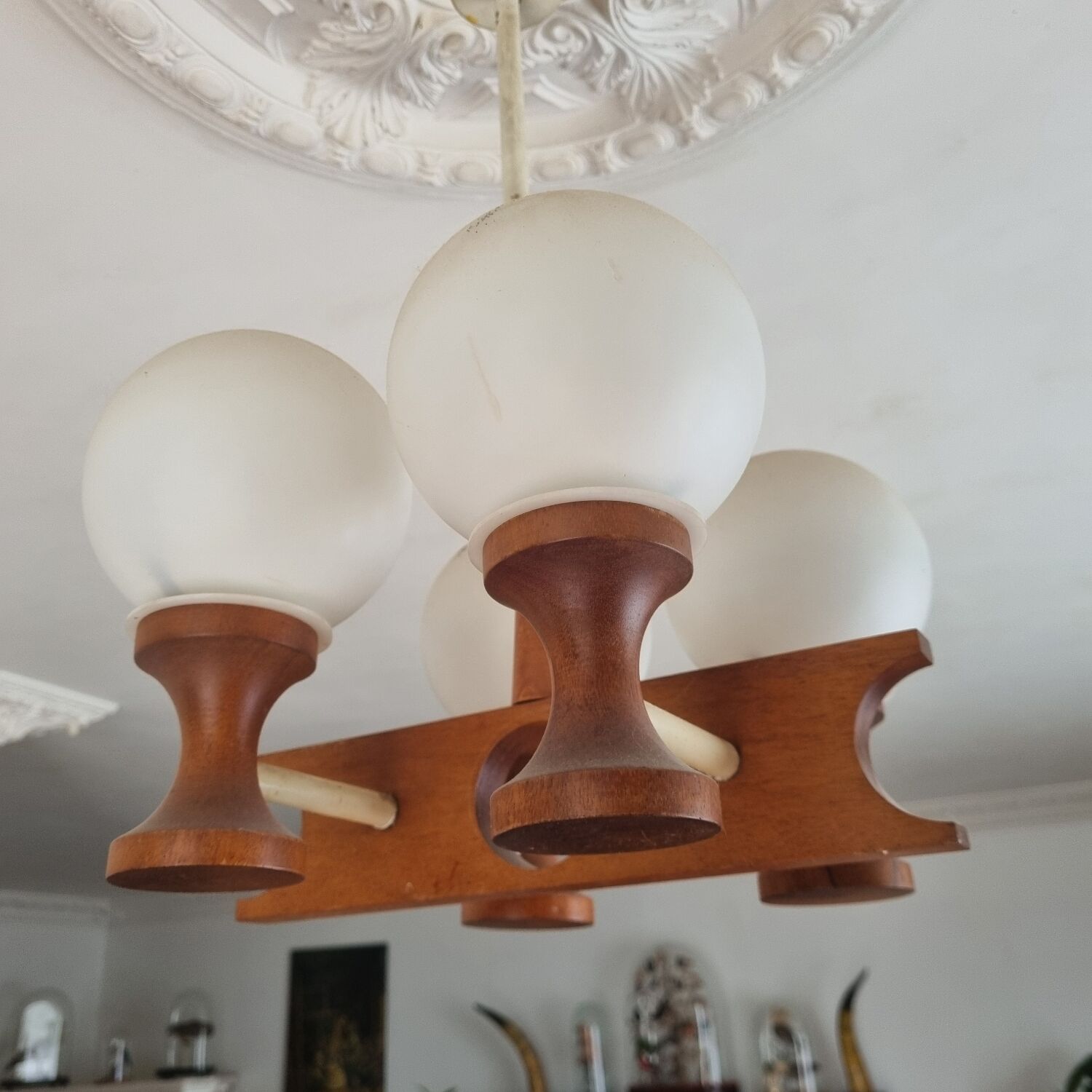1960s Scandinavian chandelier, teak and white opaline.